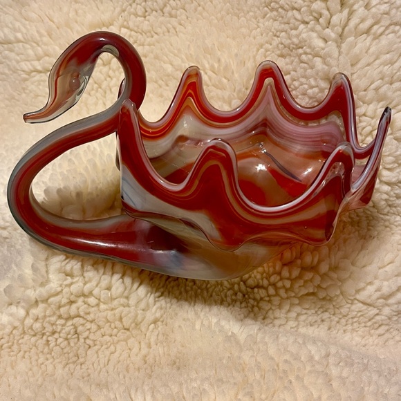 Vintage Hand-blown Art Glass Swan Bowl Murano-style Elegant Red and White Glass